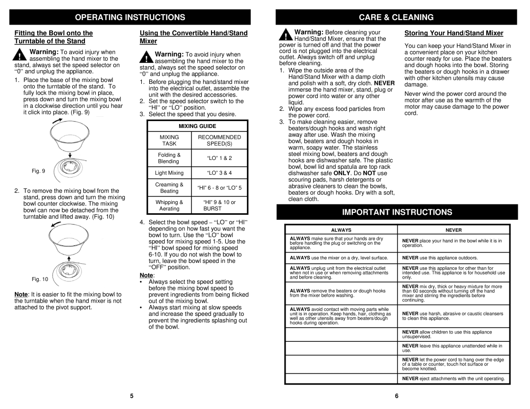 Euro-Pro EP585 Operating Instructions Care & Cleaning, Important Instructions, Using the Convertible Hand/Stand Mixer 