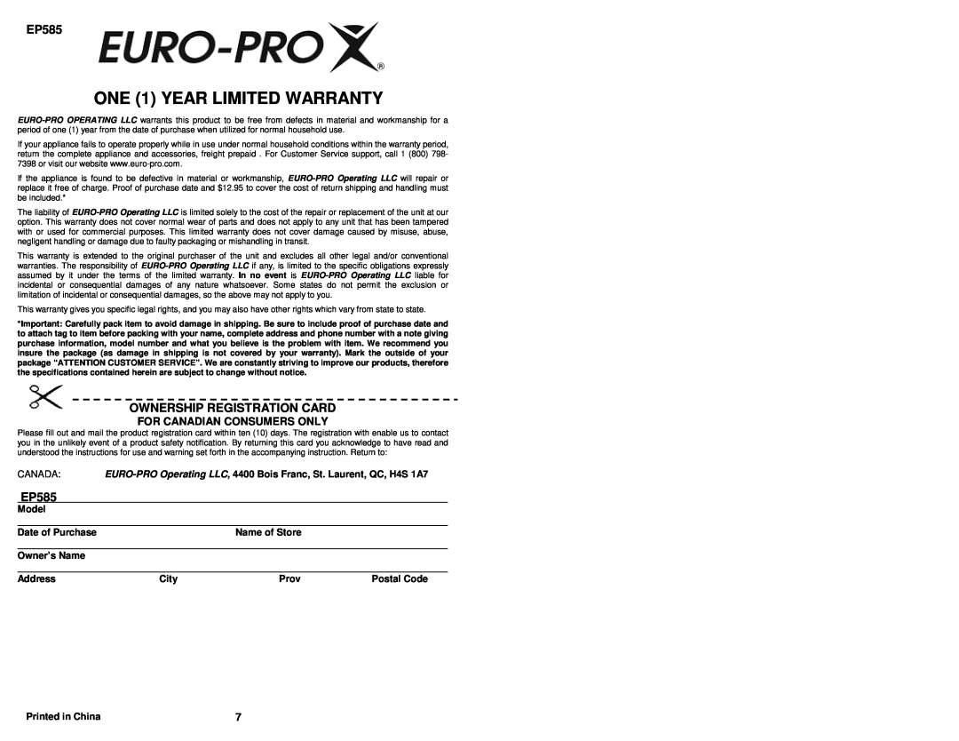 Euro-Pro EP585 ONE 1 YEAR LIMITED WARRANTY, Ownership Registration Card, For Canadian Consumers Only, Model, Owner’s Name 