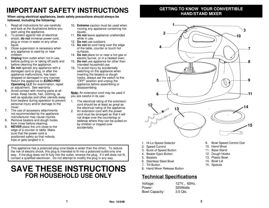 Euro-Pro EP585WR, EP585WL owner manual Important Safety Instructions, Getting to Know Your Convertible HAND/STAND Mixer 