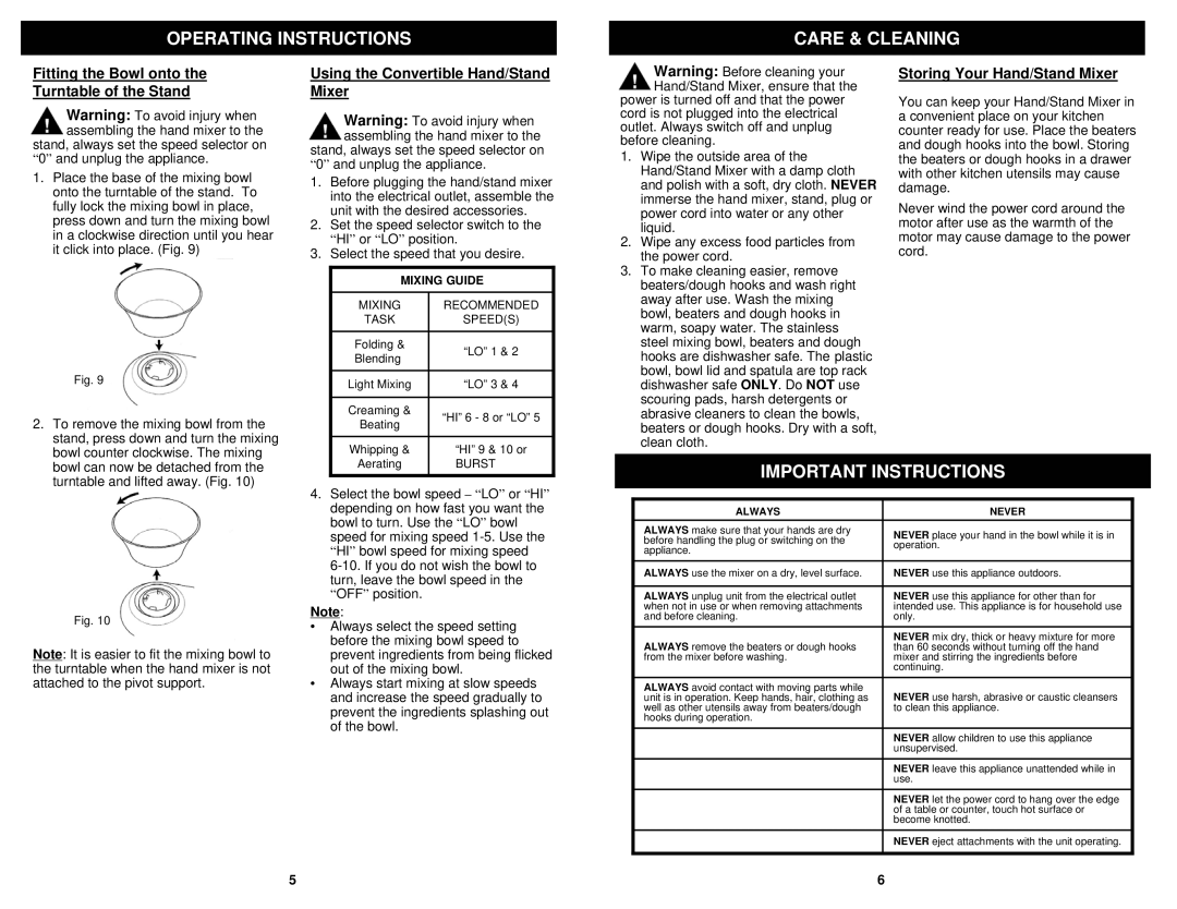 Euro-Pro EP585W Operating Instructions Care & Cleaning, Important Instructions, Using the Convertible Hand/Stand Mixer 