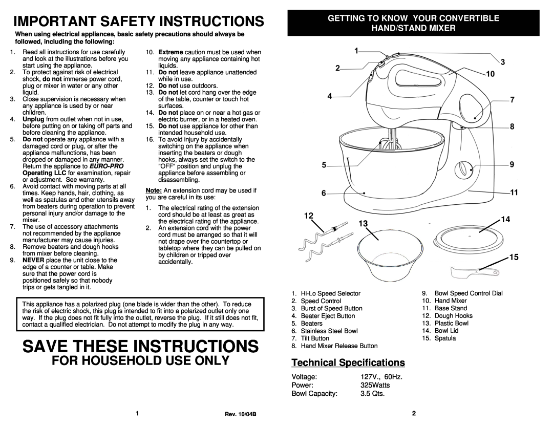 Euro-Pro EP585WR Important Safety Instructions, Technical Specifications, Save These Instructions, For Household Use Only 