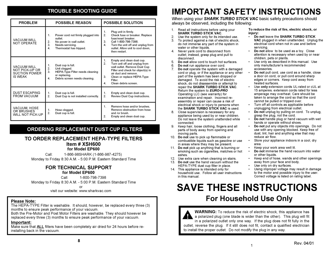 Euro-Pro owner manual Trouble Shooting Guide, Ordering Replacement Dust CUP Filters, For Model EP600, Please Note 