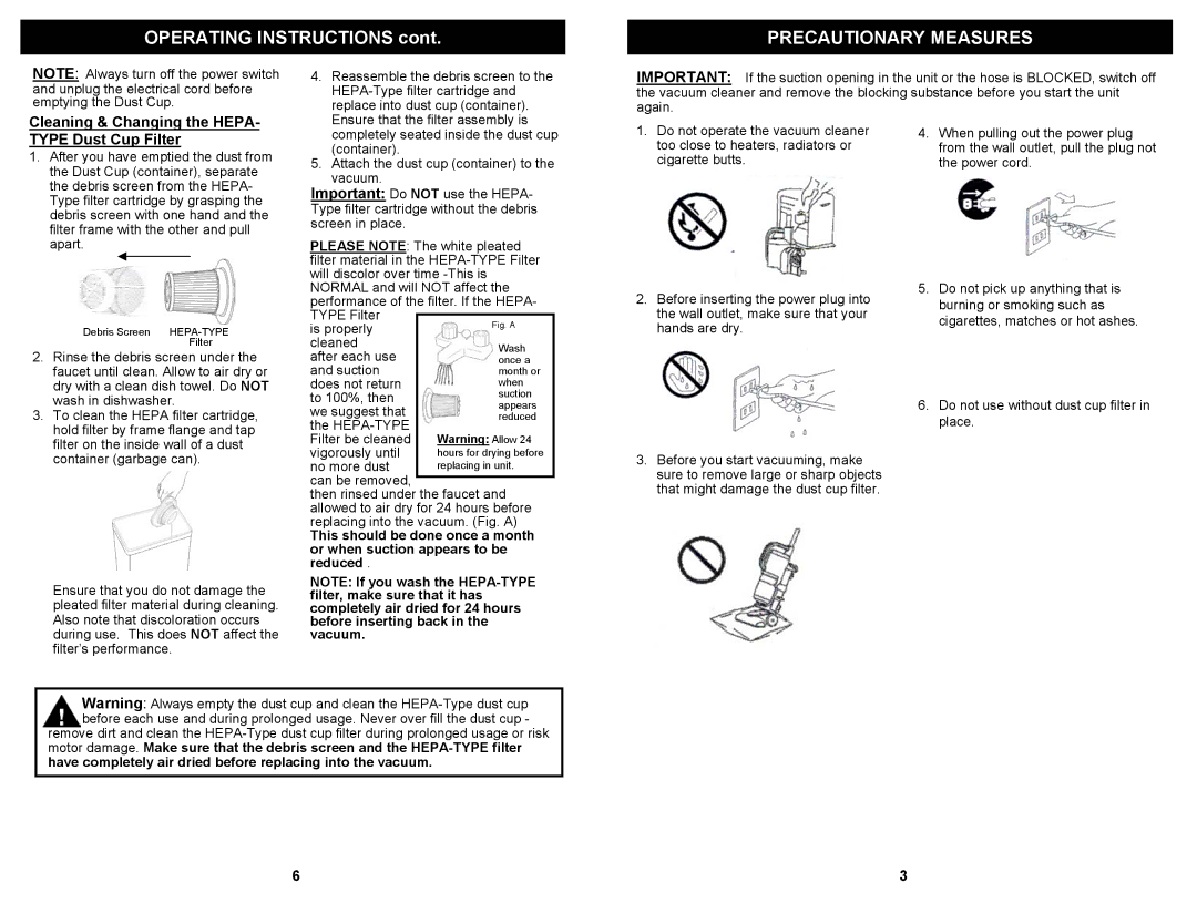 Euro-Pro EP600 owner manual Precautionary Measures, Cleaning & Changing the HEPA- Type Dust Cup Filter 