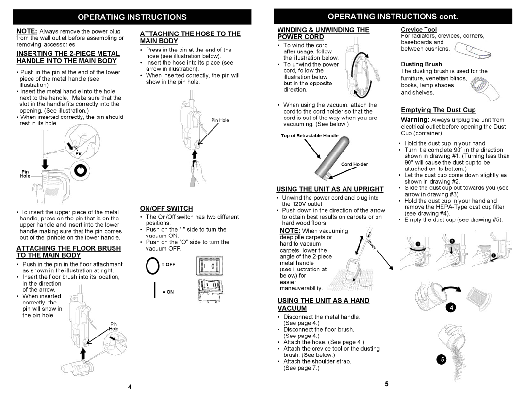 Euro-Pro EP600 owner manual Operating Instructions, Emptying The Dust Cup 