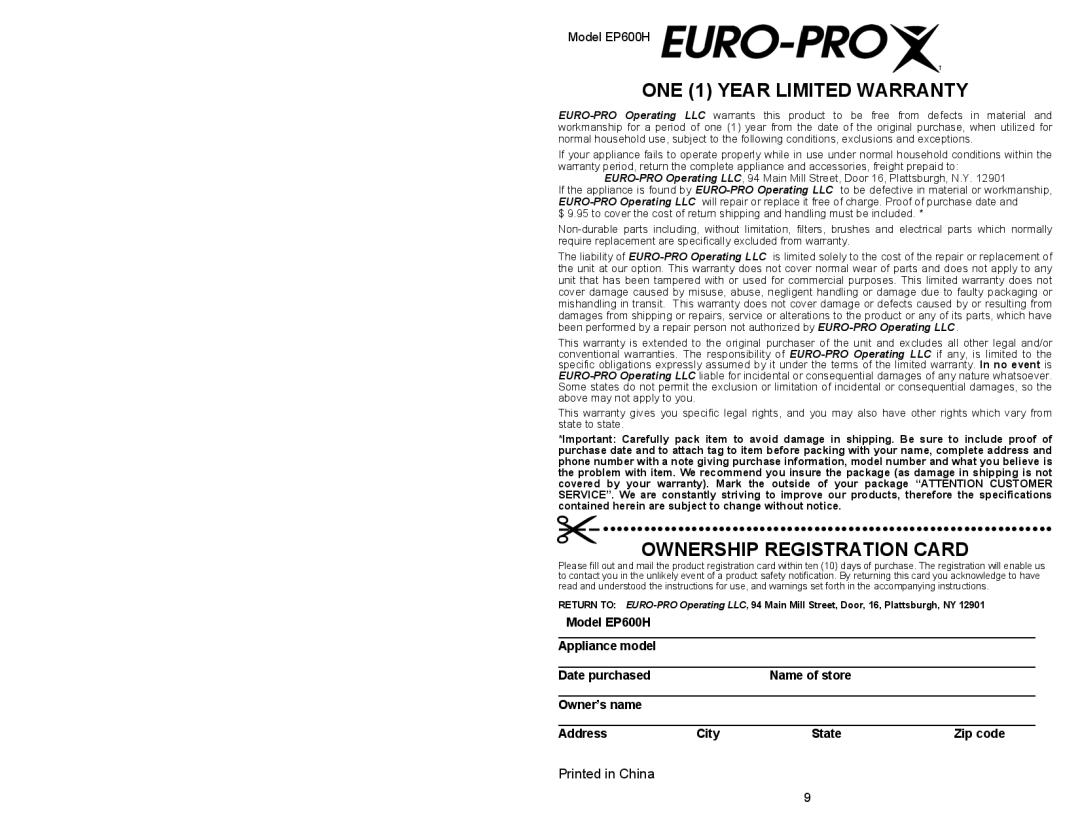 Euro-Pro owner manual ONE 1 Year Limited Warranty, Model EP600H 