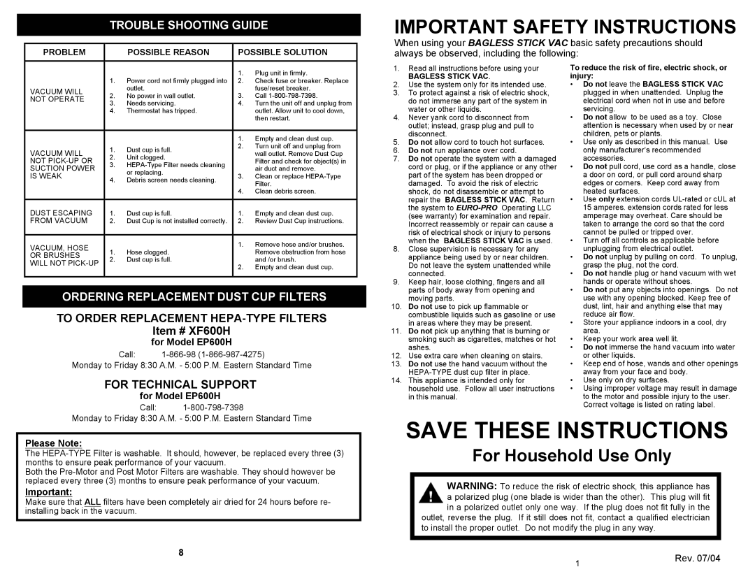 Euro-Pro EP600H Important Safety Instructions, Trouble Shooting Guide, Ordering Replacement Dust CUP Filters, Please Note 