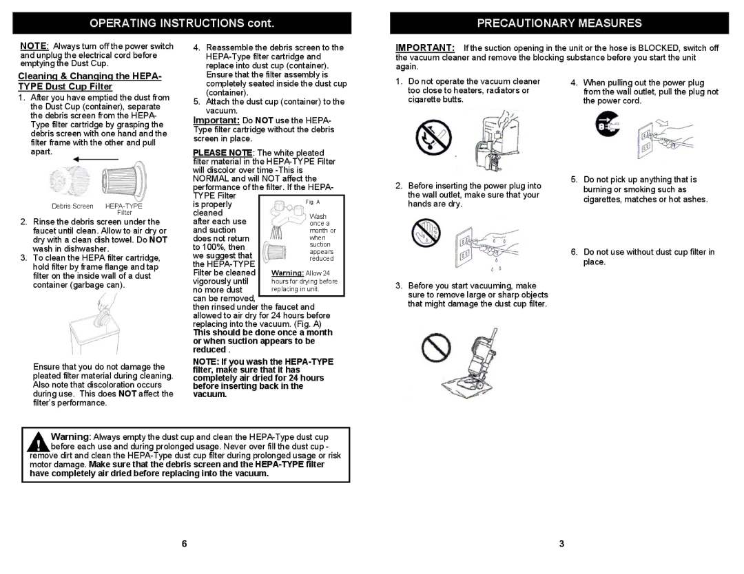 Euro-Pro EP600H owner manual Precautionary Measures, Cleaning & Changing the HEPA- Type Dust Cup Filter 