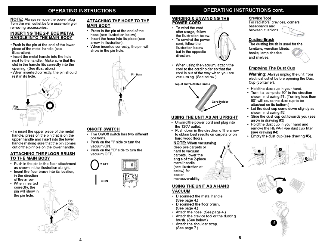 Euro-Pro EP600H owner manual Operating Instructions, Emptying The Dust Cup 