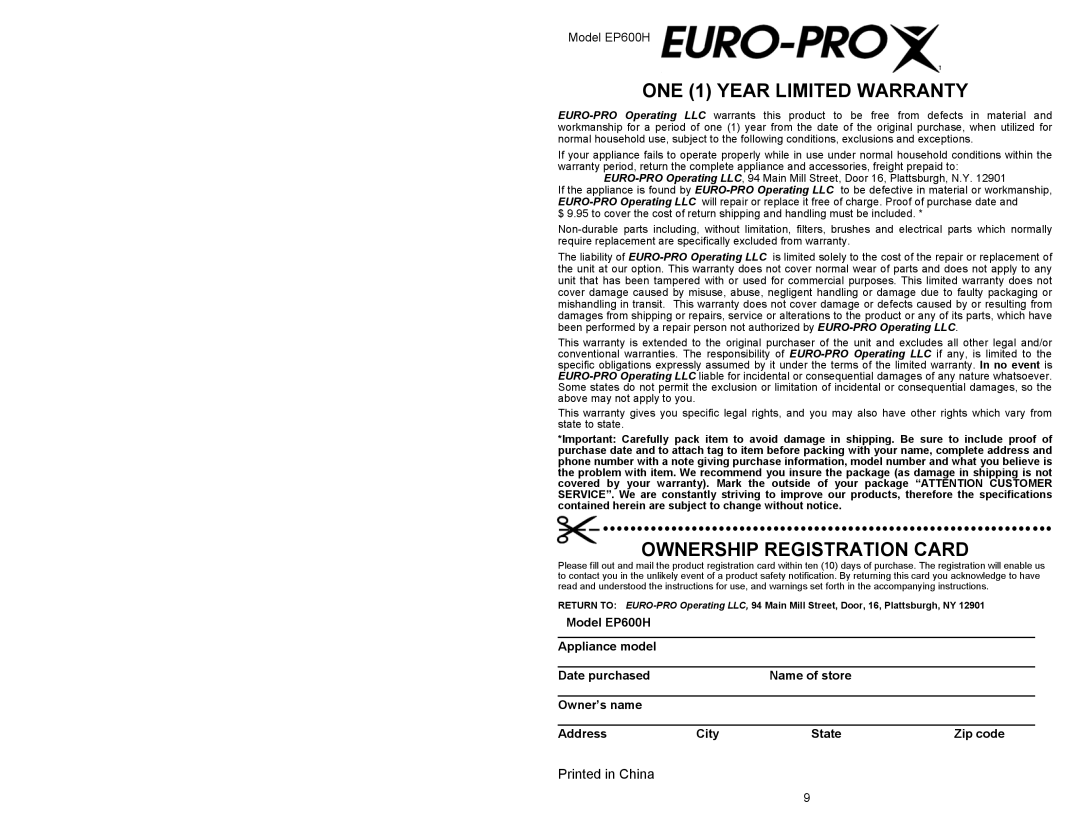 Euro-Pro ONE 1 YEAR LIMITED WARRANTY, Ownership Registration Card, Printed in China, Model EP600H, Appliance model 