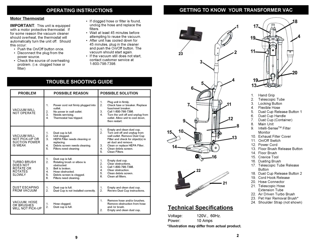 Euro-Pro EP602H Operating Instructions Getting to Know Your Transformer VAC, Trouble Shooting Guide, Motor Thermostat 