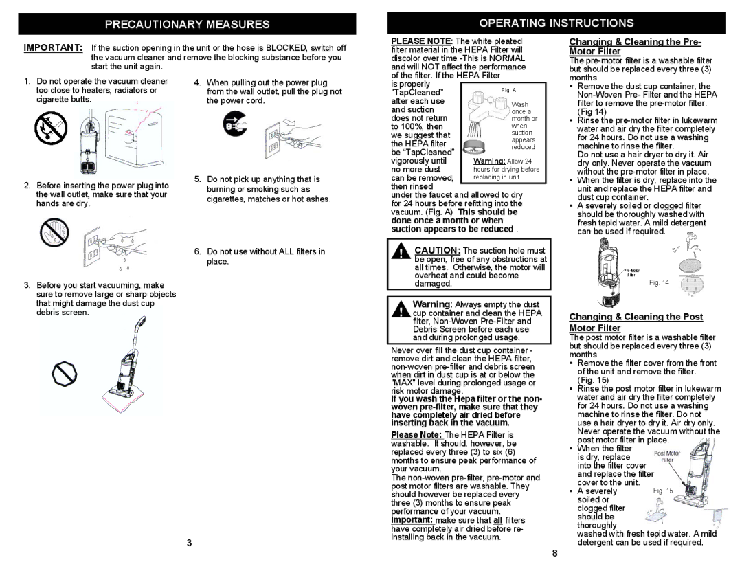 Euro-Pro EP602H owner manual Precautionary Measures Operating Instructions, Changing & Cleaning the Pre- Motor Filter 