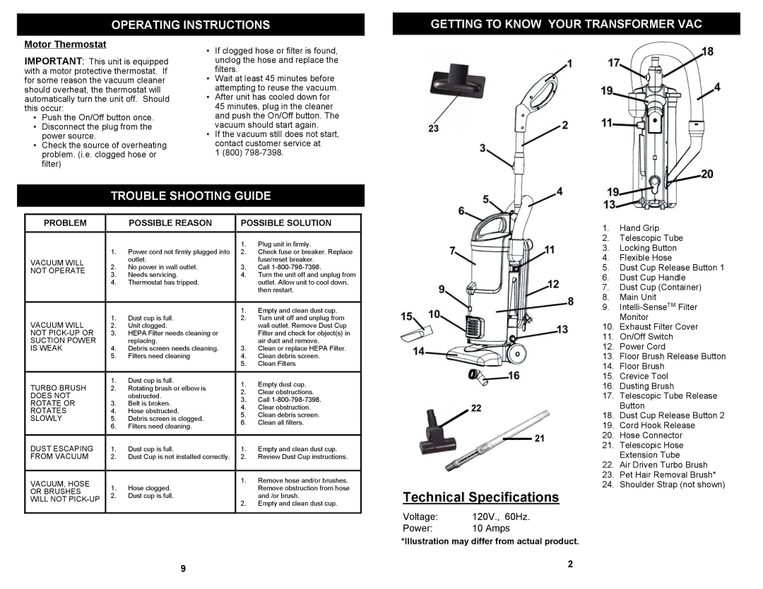 Euro-Pro EP602W Operating Instructions Getting to Know Your Transformer VAC, Trouble Shooting Guide, Motor Thermostat 