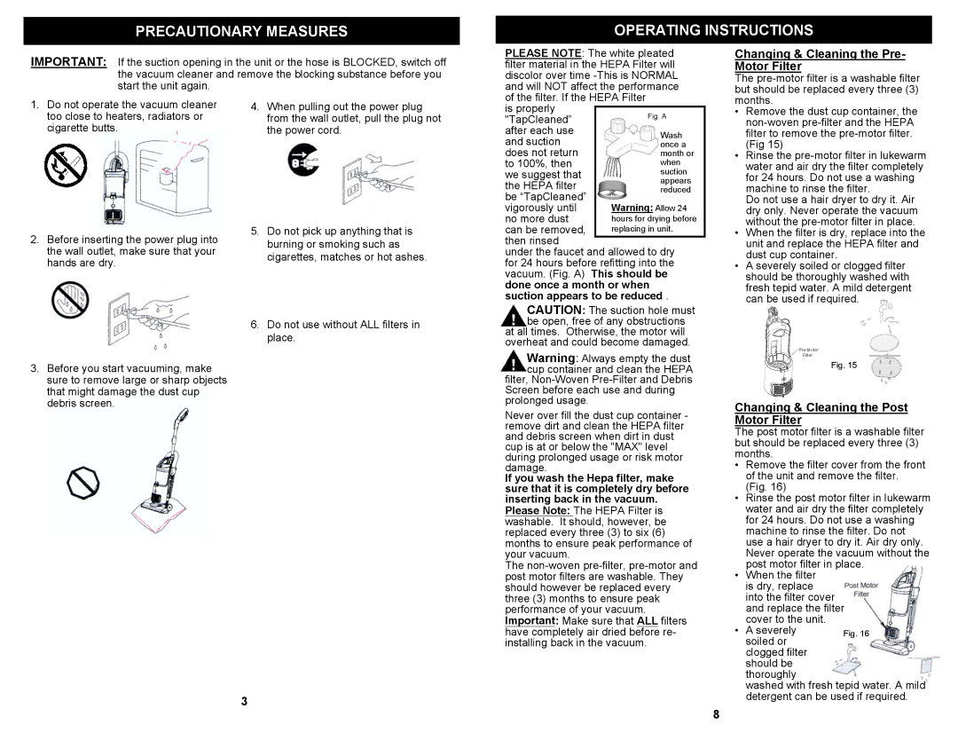 Euro-Pro EP602W owner manual Precautionary Measures Operating Instructions, Changing & Cleaning the Pre- Motor Filter 