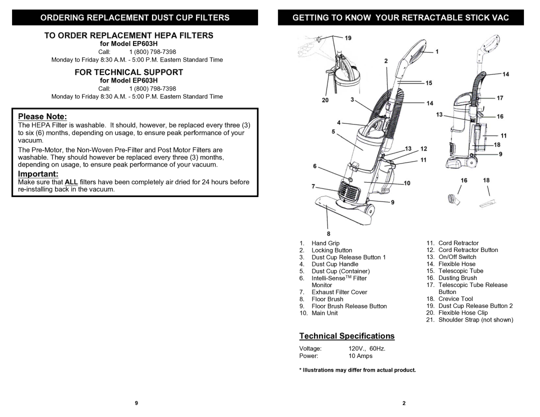 Euro-Pro Ordering Replacement Dust CUP Filters, Getting to Know Your Retractable Stick VAC, For Model EP603H 