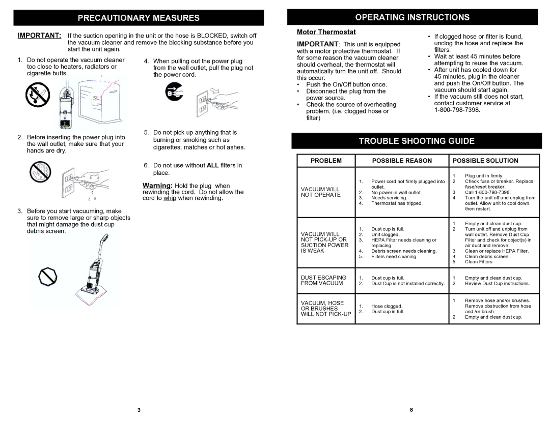 Euro-Pro EP603H owner manual Precautionary Measures Operating Instructions, Trouble Shooting Guide, Motor Thermostat 