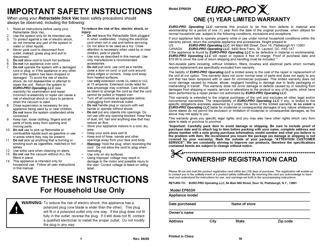 Euro-Pro EP603H ONE 1 YEAR LIMITED WARRANTY, Save These Instructions, Important Safety Instructions, Owner’s name, Address 