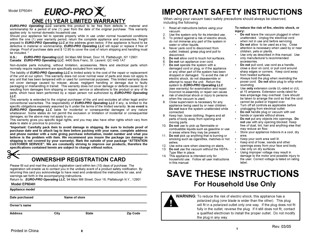 Euro-Pro EP604H owner manual Important Safety Instructions, Rev /05 