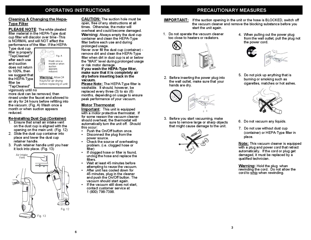 Euro-Pro EP604H Operating Instructions Precautionary Measures, Cleaning & Changing the Hepa- Type Filter, Motor Thermostat 