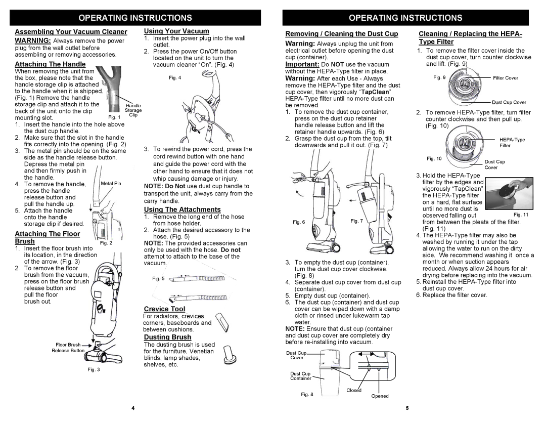 Euro-Pro EP604H owner manual Operating Instructions 