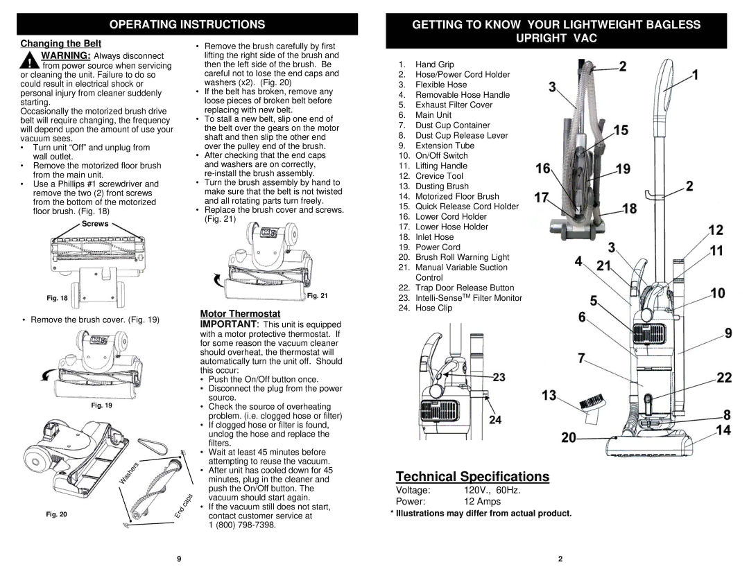 Euro-Pro EP619 owner manual Upright VAC, Changing the Belt, Motor Thermostat, Illustrations may differ from actual product 