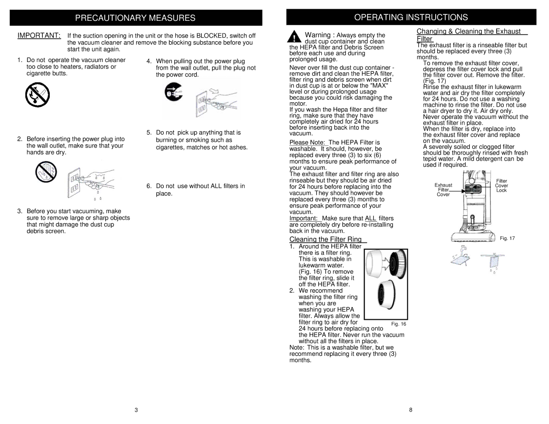 Euro-Pro EP619 owner manual Precautionary Measures Operating Instructions, Changing & Cleaning the Exhaust Filter 