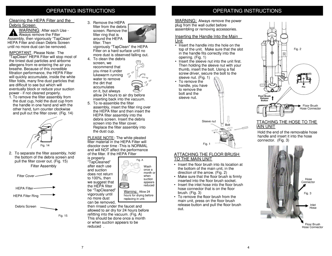 Euro-Pro EP619 owner manual Cleaning the Hepa Filter and the Debris Screen, Inserting the Handle Into the Main Unit 