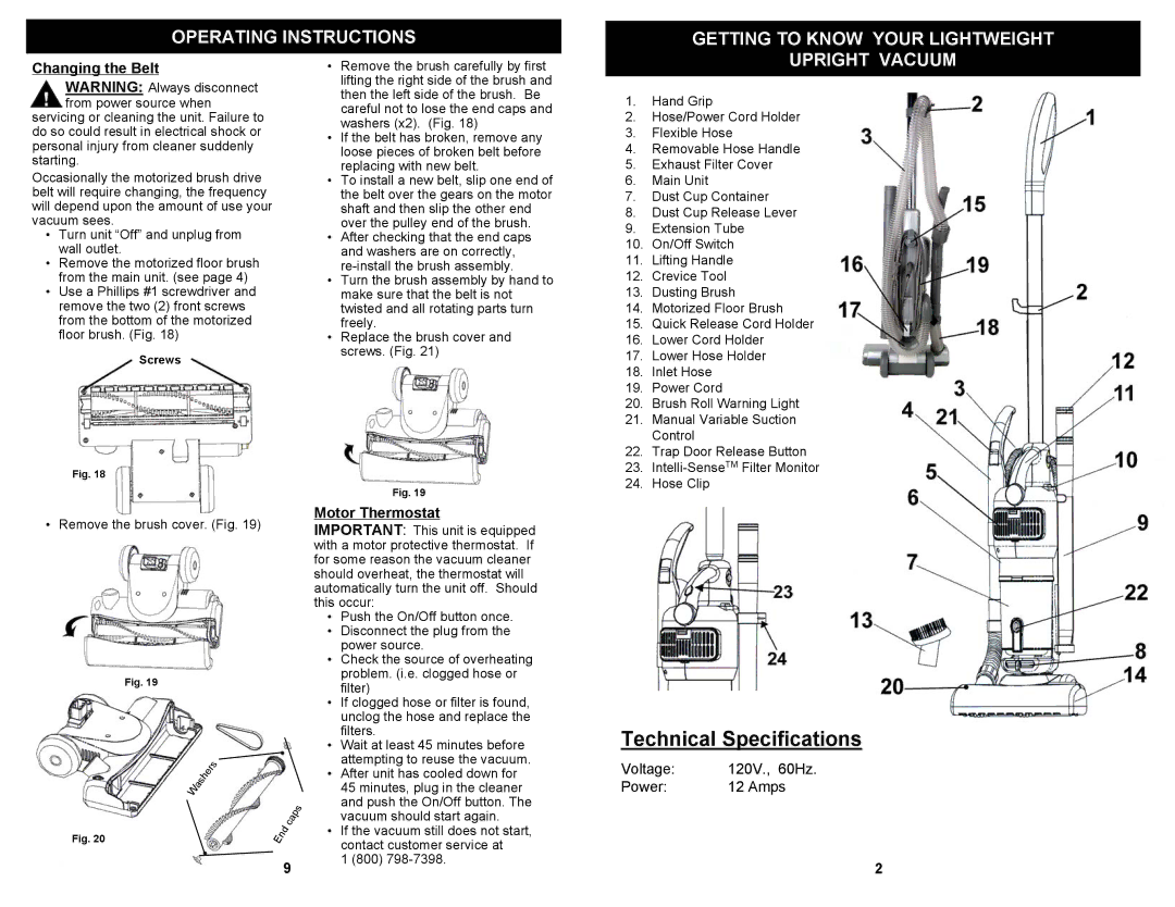 Euro-Pro EP621HR owner manual Operating Instructions Getting to Know Your Lightweight, Upright Vacuum, Changing the Belt 