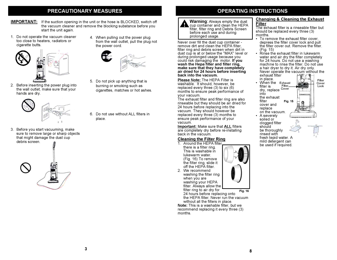 Euro-Pro EP621HR owner manual Precautionary Measures Operating Instructions, Changing & Cleaning the Exhaust Filter 