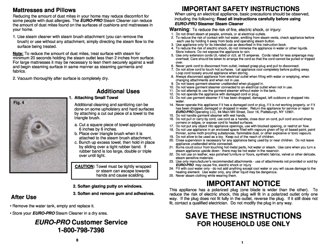 Euro-Pro EP63CH warranty Important Notice, Important Safety Instructions, EURO-PRO Customer Service, For Household Use Only 