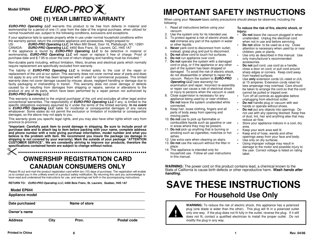 Euro-Pro EP664 owner manual Important Safety Instructions 