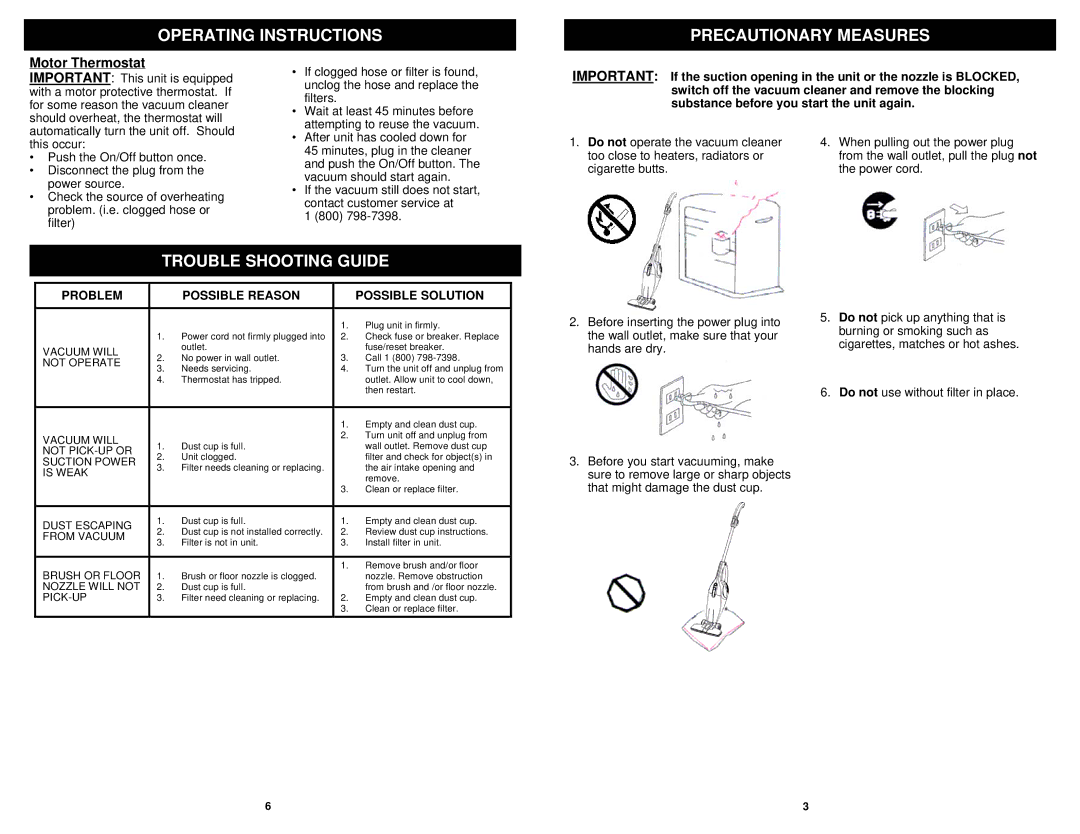 Euro-Pro EP664 owner manual Operating Instructions Precautionary Measures, Trouble Shooting Guide 