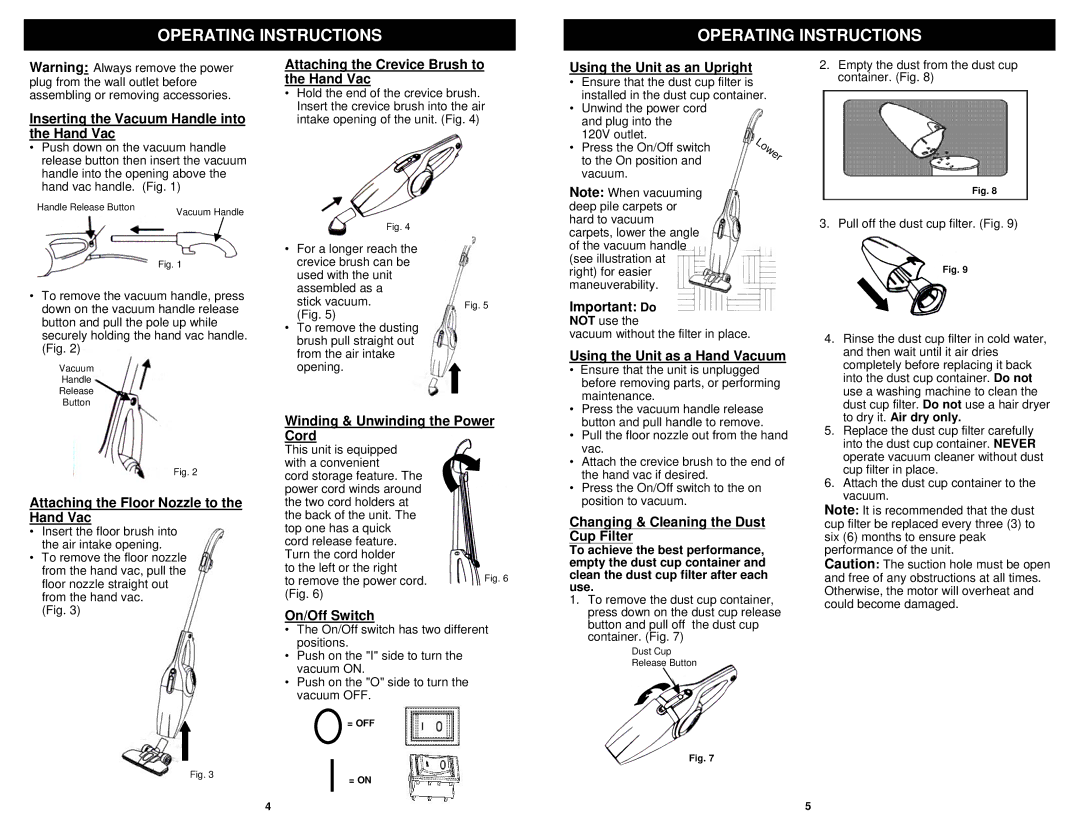 Euro-Pro EP664 owner manual Operating Instructions, Inserting the Vacuum Handle into the Hand Vac 