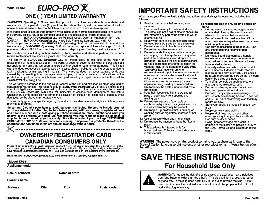 Euro-Pro EP664 Important Safety Instructions, ONE 1 YEAR LIMITED WARRANTY, Save These Instructions, For Household Use Only 