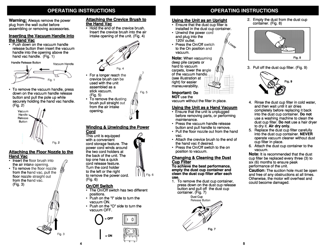 Euro-Pro EP664 owner manual Operating Instructions, Inserting the Vacuum Handle into the Hand Vac 