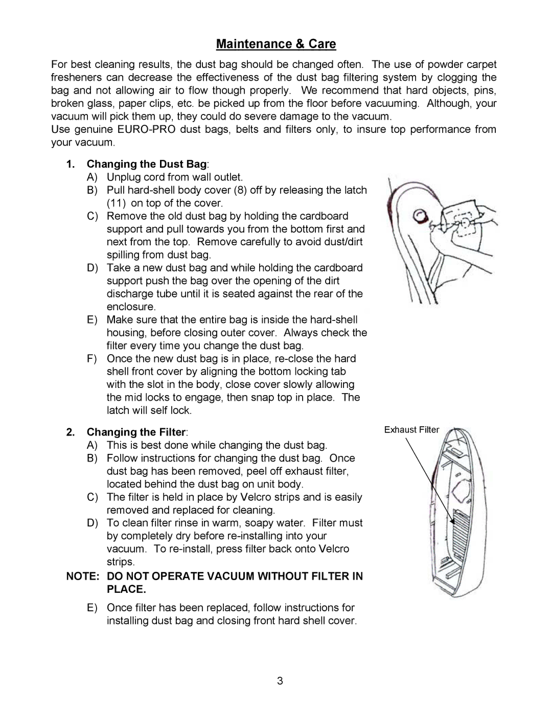 Euro-Pro EP700 manual Maintenance & Care, Changing the Dust Bag, Changing the Filter, Place 