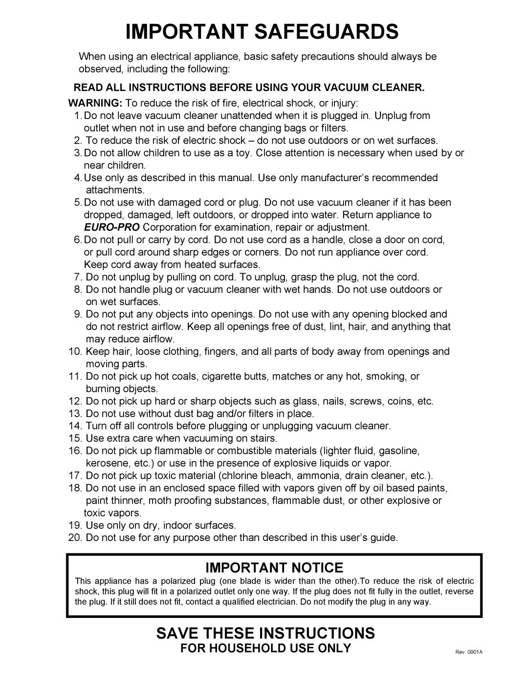 Euro-Pro EP700 manual Important Safeguards, Save These Instructions, Important Notice, For Household Use Only 