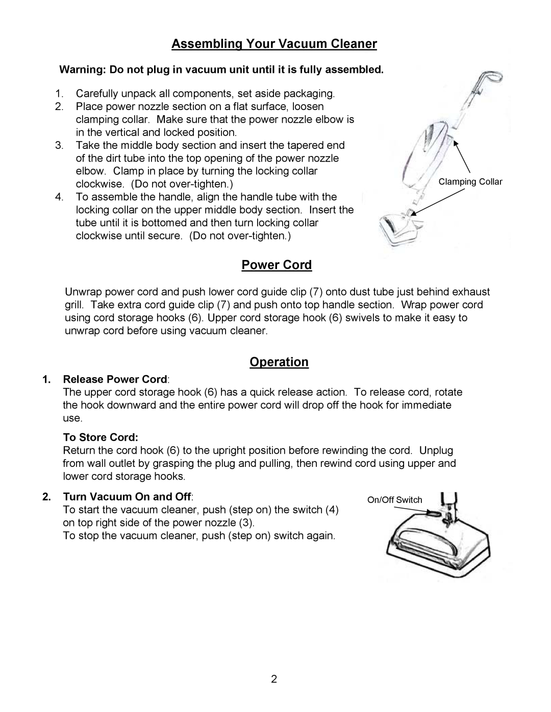 Euro-Pro EP700 Assembling Your Vacuum Cleaner, Operation, Release Power Cord, To Store Cord, Turn Vacuum On and Off 
