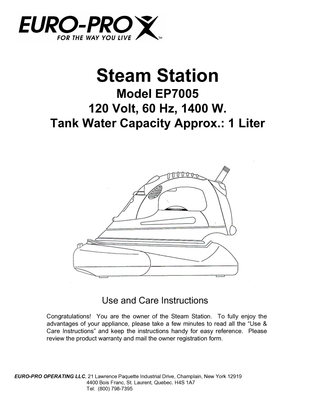 Euro-Pro EP7005 warranty Steam Station 