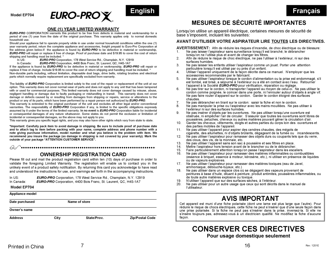 Euro-Pro EP704 manual English Français, Avis Important, Mesures DE Sécurité Importantes, Ownership Registration Card 