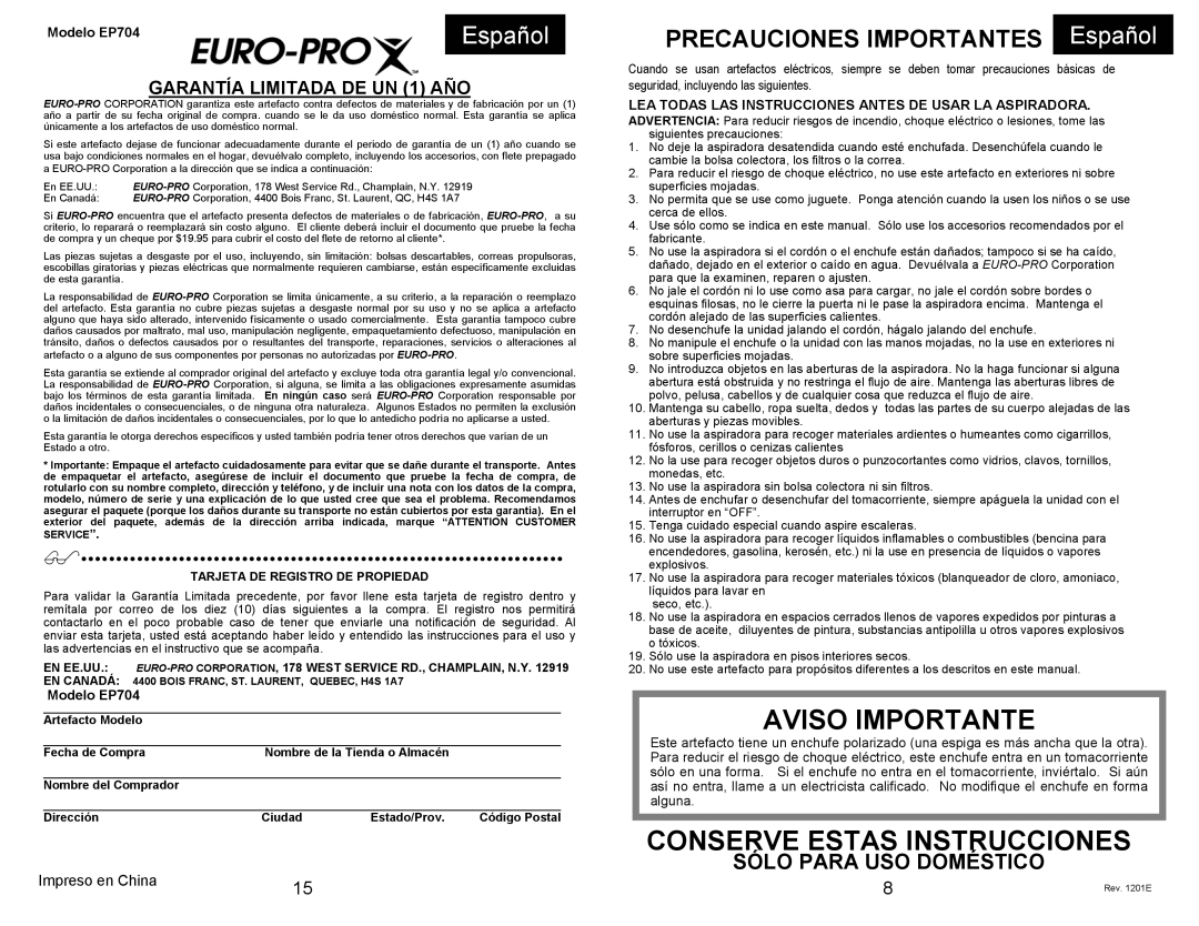 Euro-Pro EP704 manual Precauciones Importantes Español, Sólo Para USO Doméstico, Garantía Limitada DE UN 1 AÑO 