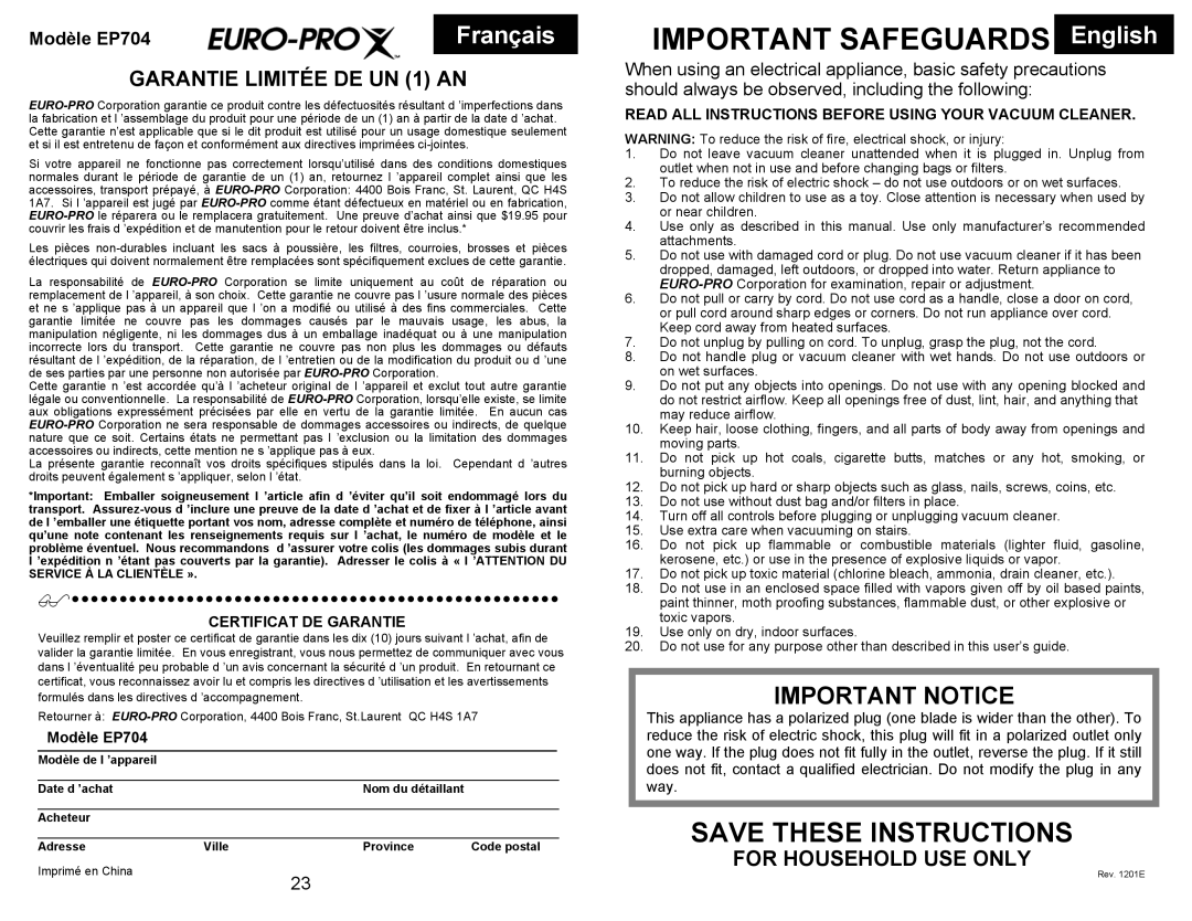 Euro-Pro manual Français, Important Notice, Garantie Limitée DE UN 1 AN, For Household USE only, Modèle EP704 