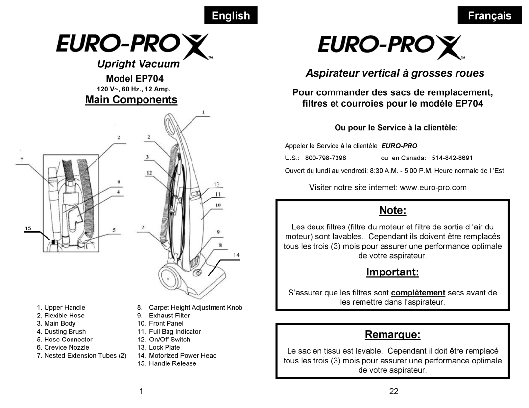 Euro-Pro manual English, Main Components, Remarque, Model EP704, Ou pour le Service à la clientèle 