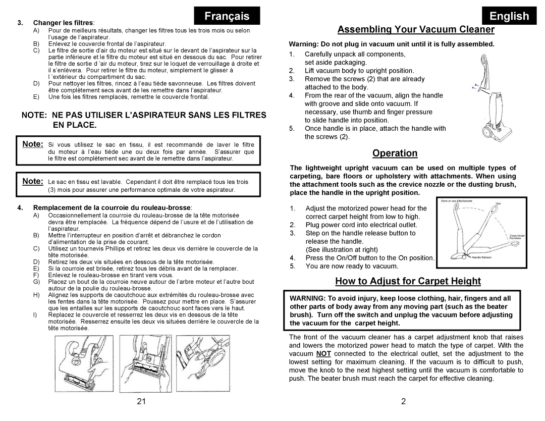 Euro-Pro EP704 manual Français English, Assembling Your Vacuum Cleaner, Operation, How to Adjust for Carpet Height 