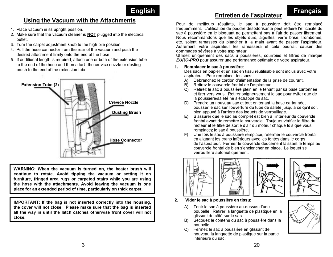 Euro-Pro EP704 manual Remplacer le sac à poussière, Vider le sac à poussière en tissu 