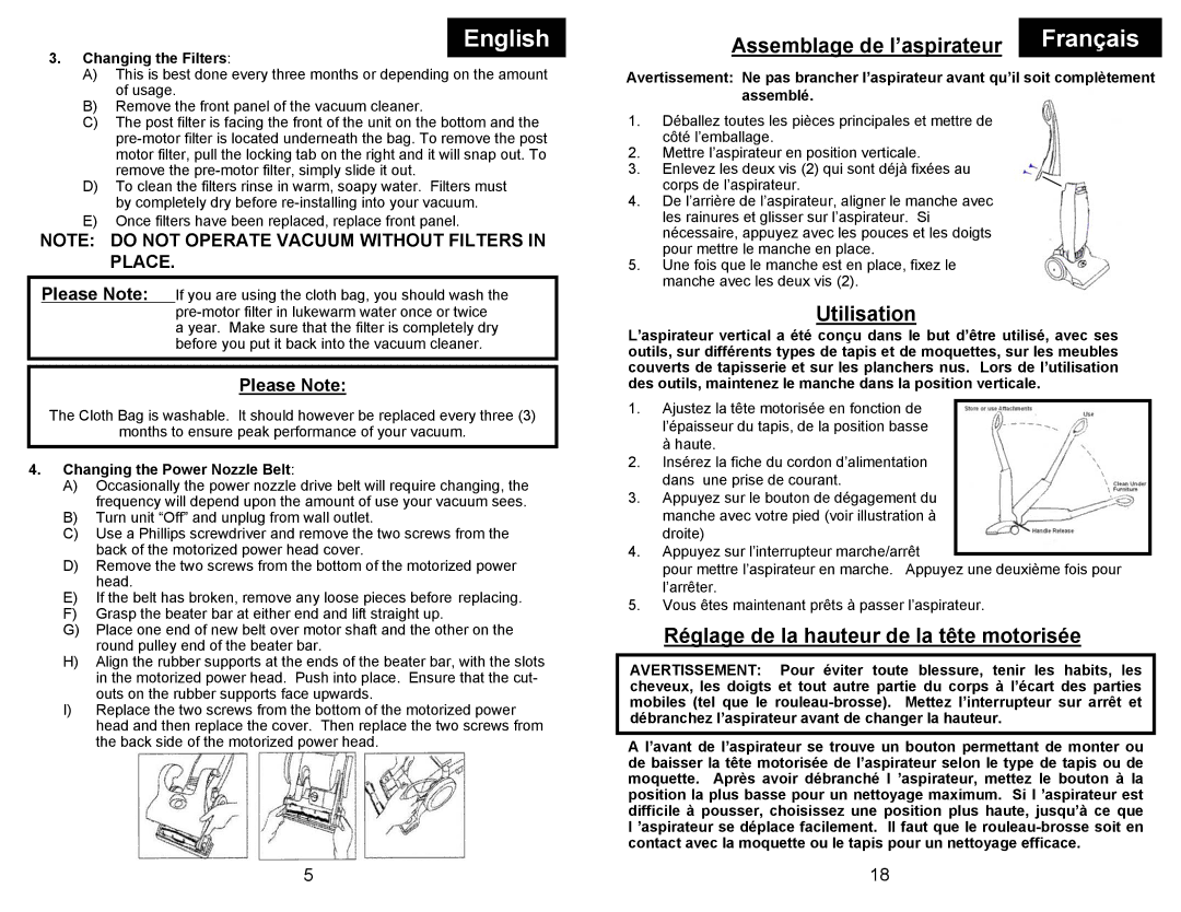 Euro-Pro EP704 manual Assemblage de l’aspirateur, Utilisation, Réglage de la hauteur de la tête motorisée, Please Note 