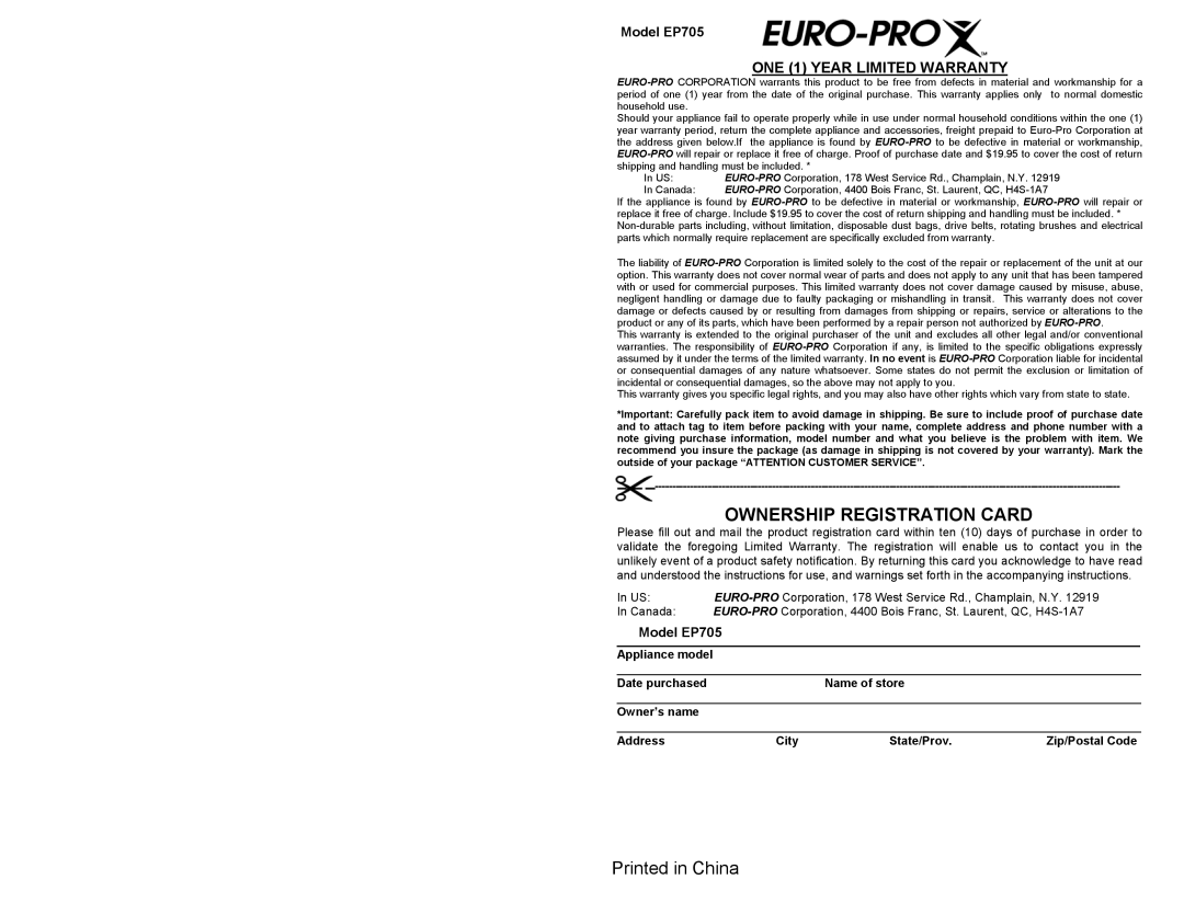 Euro-Pro EP705 manual Ownership Registration Card 