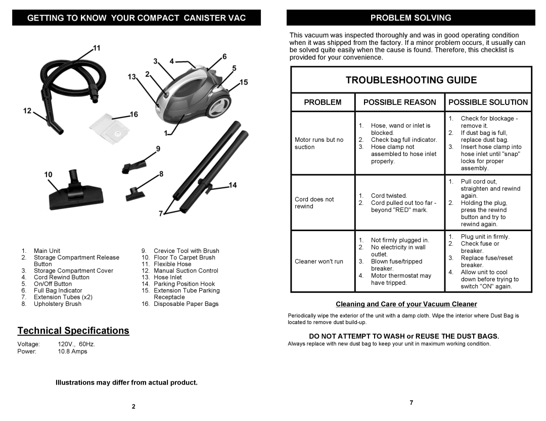 Euro-Pro EP709 owner manual Troubleshooting Guide, Illustrations may differ from actual product 