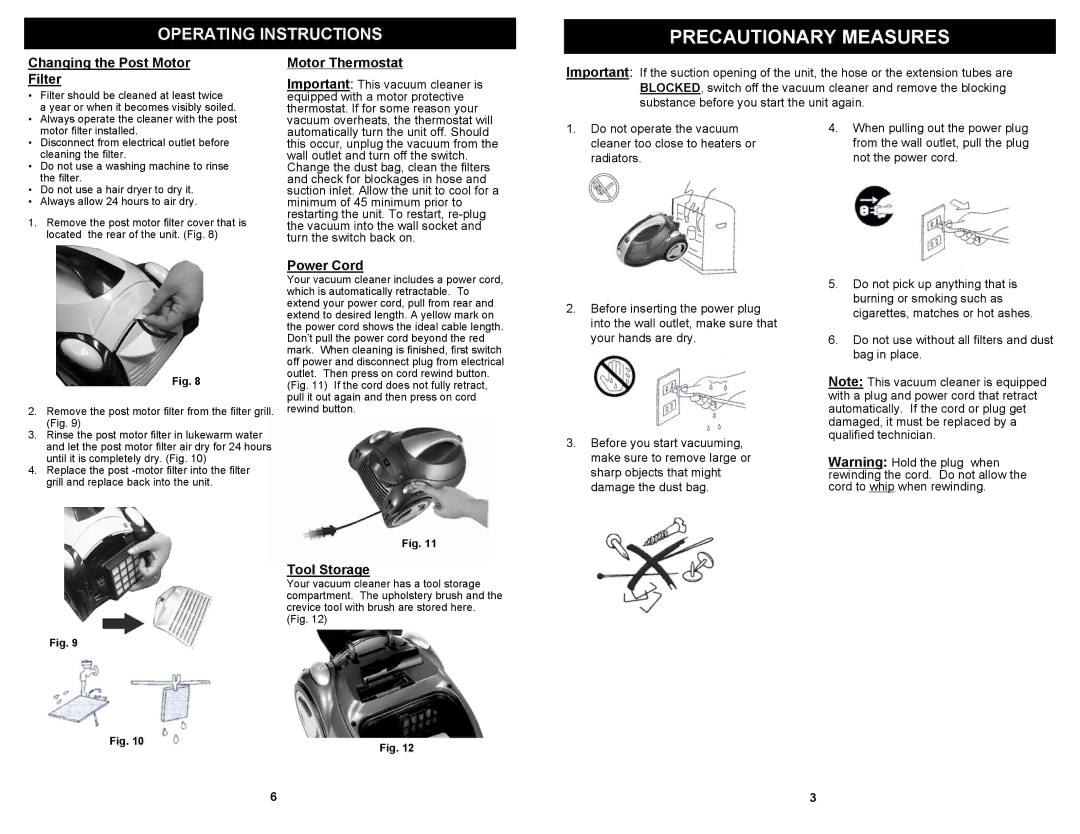 Euro-Pro EP709 owner manual Changing the Post Motor Filter, Motor Thermostat, Power Cord, Tool Storage 