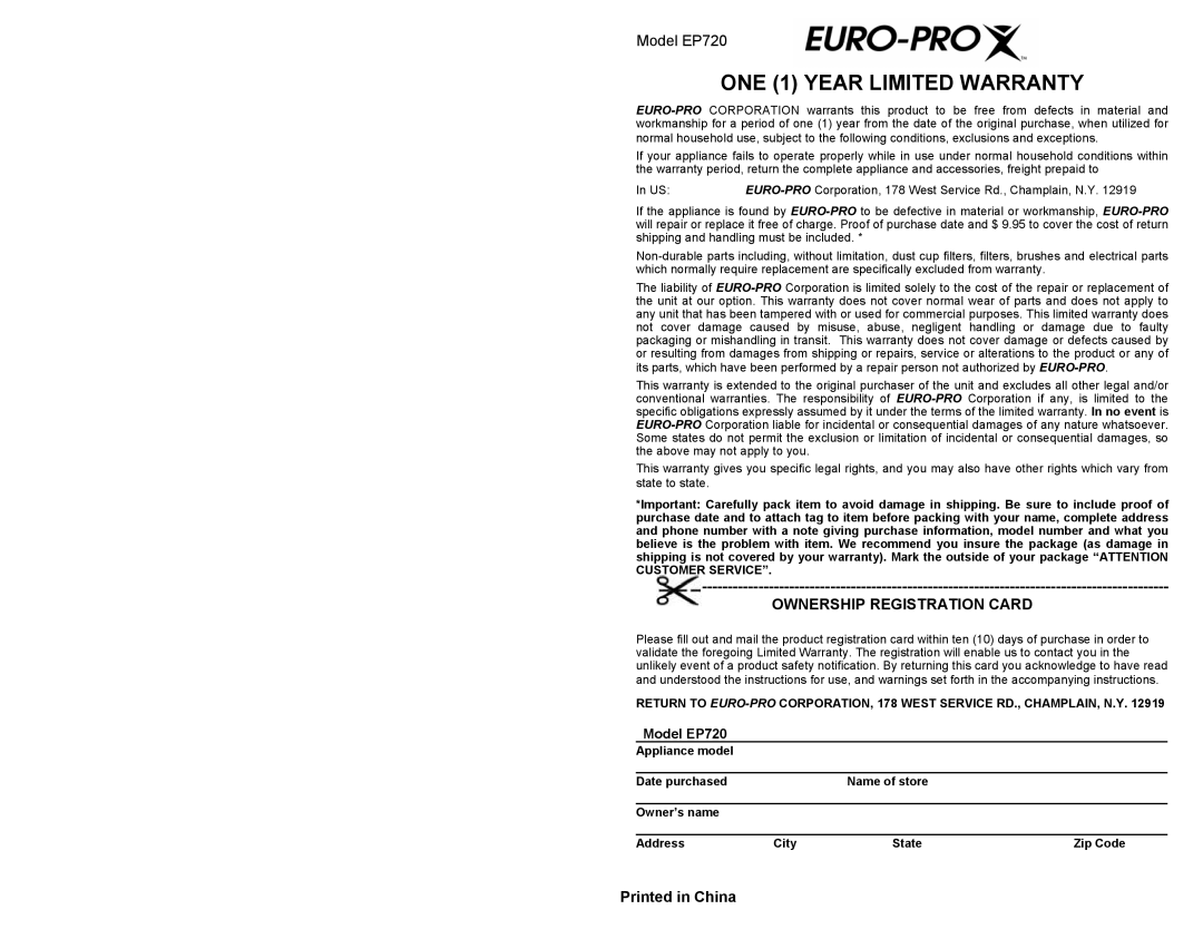 Euro-Pro EP720 manual ONE 1 Year Limited Warranty, Ownership Registration Card 