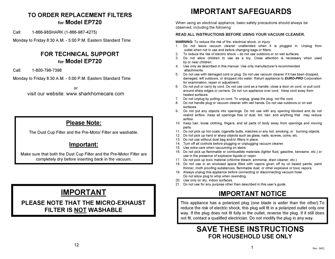 Euro-Pro EP720 manual To Order Replacement Filters, For Technical Support, For Household USE only 